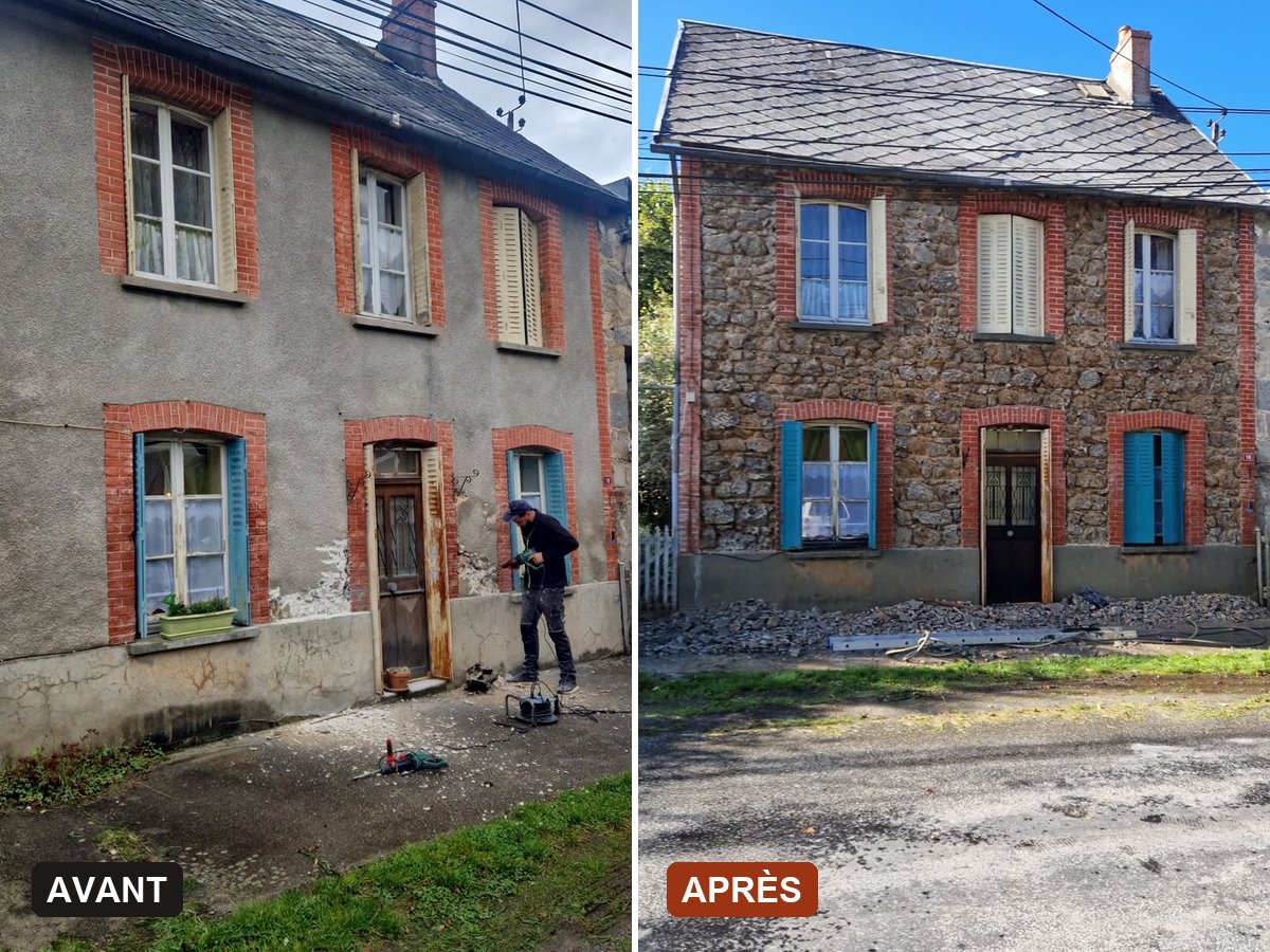 Façade en pierre décroûtée et rejointoyée — avant / après